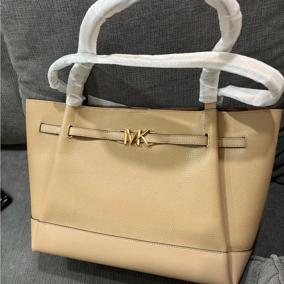 Michael Kors Beige Leather Tote with Gold Accents - Picture 2 of 5